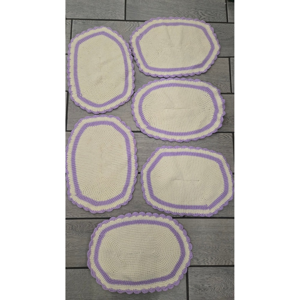 Vintage Handmade Crochet Oval Placemats Set of 6 Cream Lavender Scalloped Edge